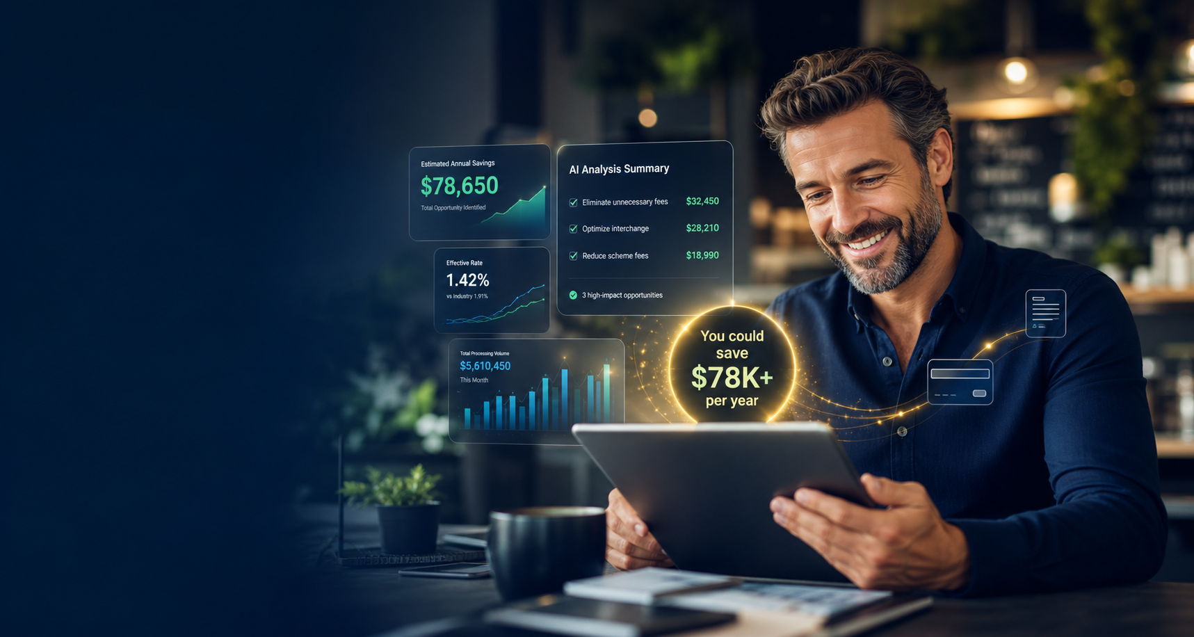 A happy business owner reviewing AI payment savings insights.